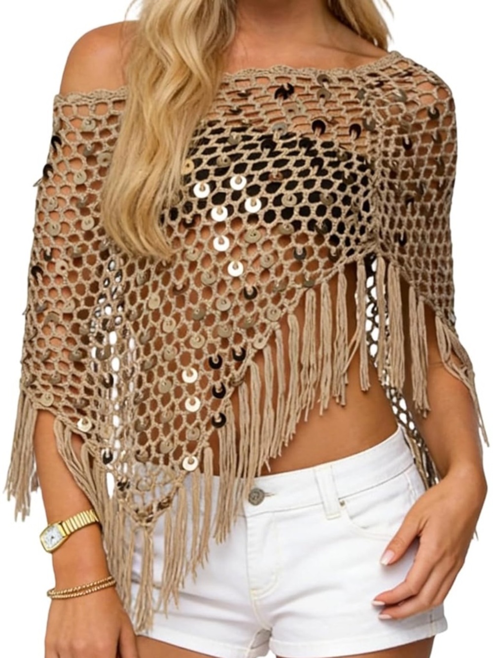 Fringe Crochet Knit Poncho Top - Tan